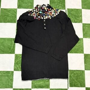 Unique Women’s S/XS black long sleeve with vintage buttons sewed to the collar